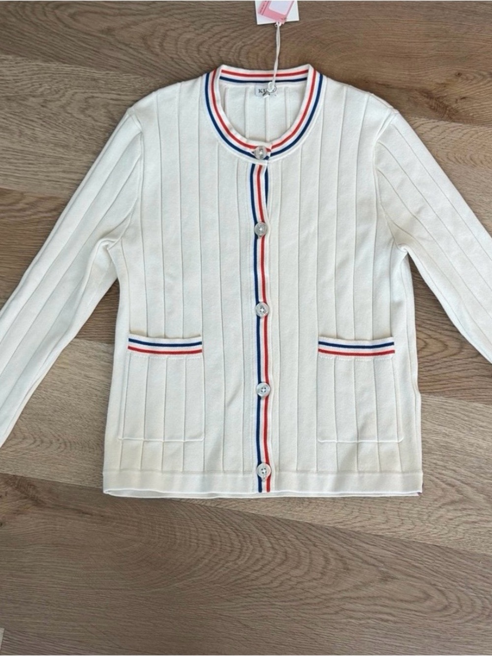 KULE Classic White Ribbed Cardigan with Red & Blue Trim